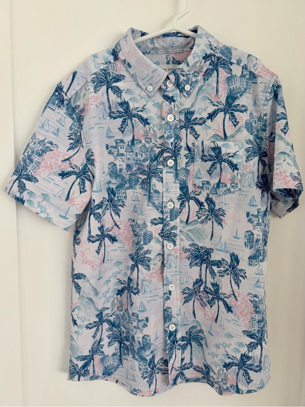Vintage Summer Boys 12 coastal print button down short sleeve shirt Blue/Pink